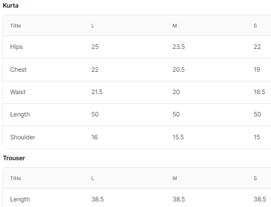 Size chart for Zarnisham
