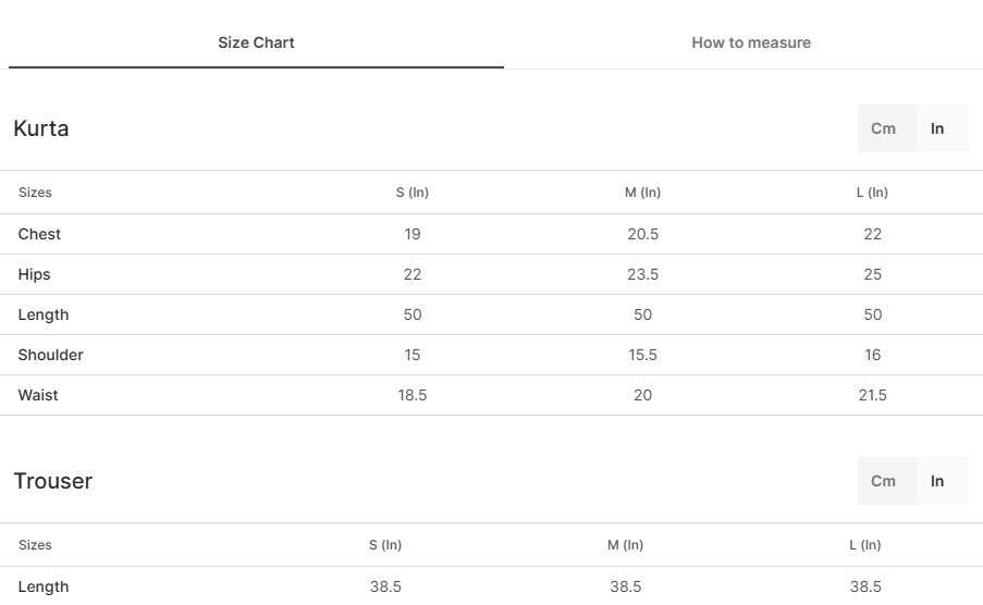 Size chart for Zarnisham