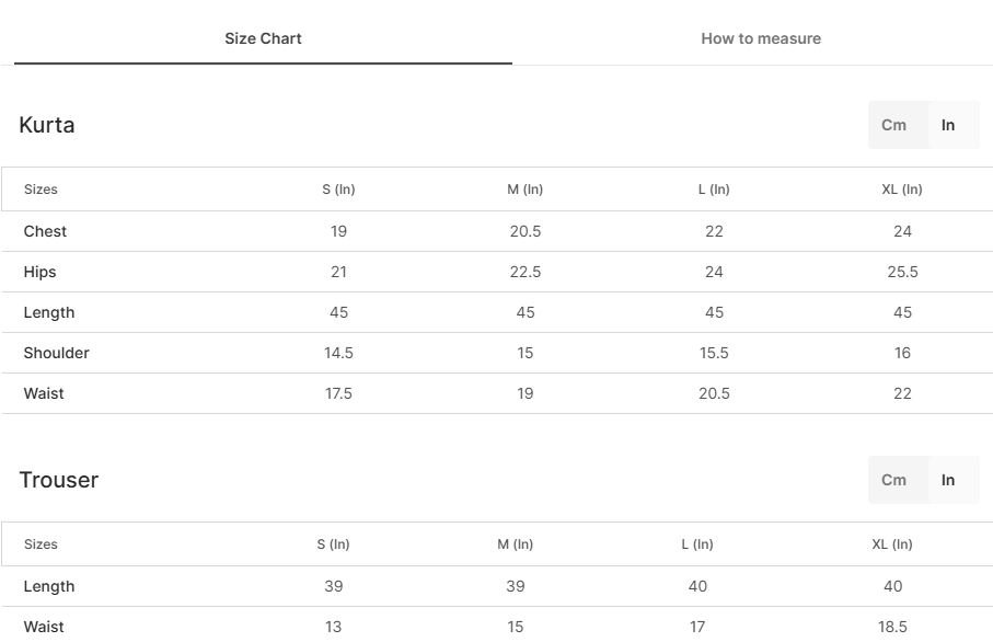Size chart for Zartaar