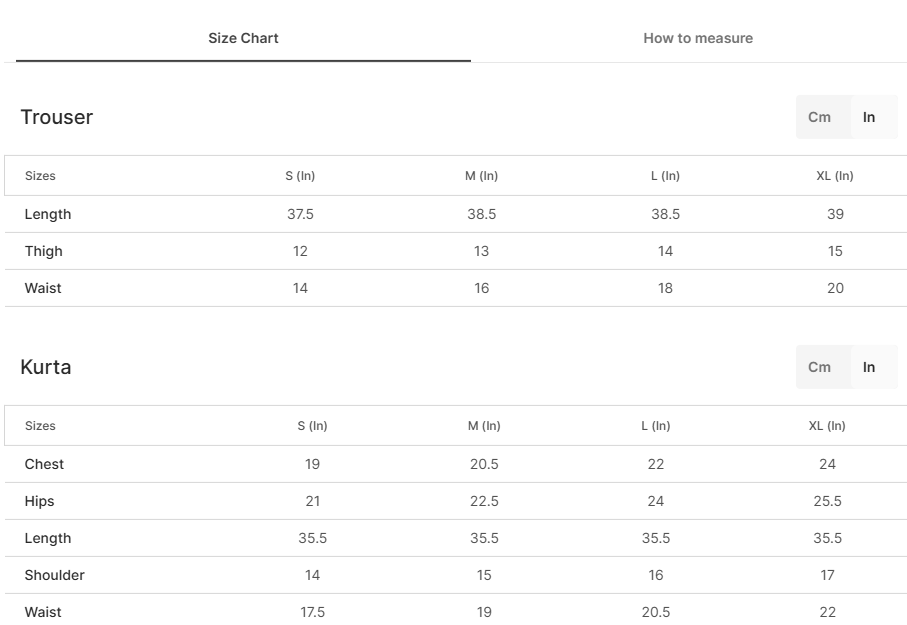 Size chart for Zartaj
