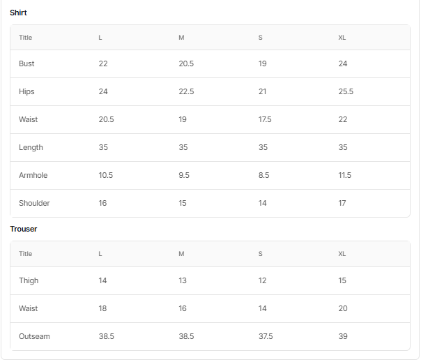 Size chart for zavira