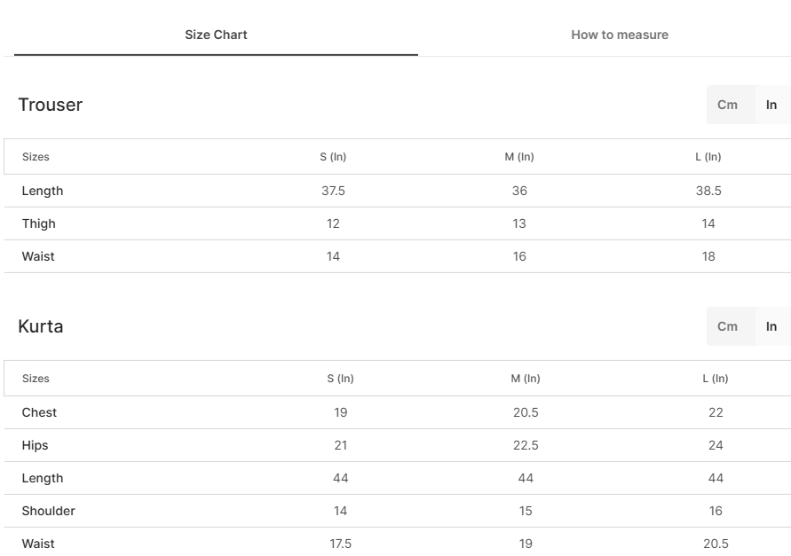 Size chart for Zayna - Pista