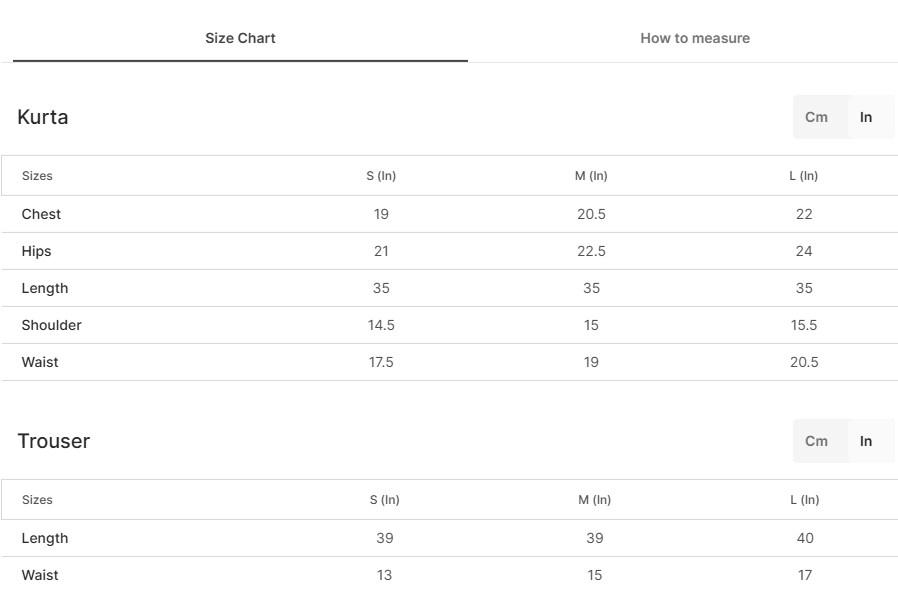 Size chart for Zeenavar Aqua