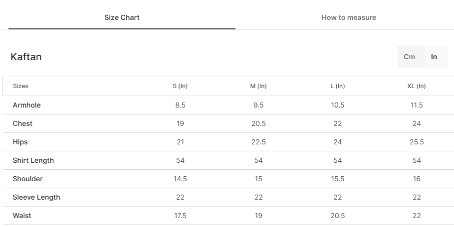 Size chart for Zehlia