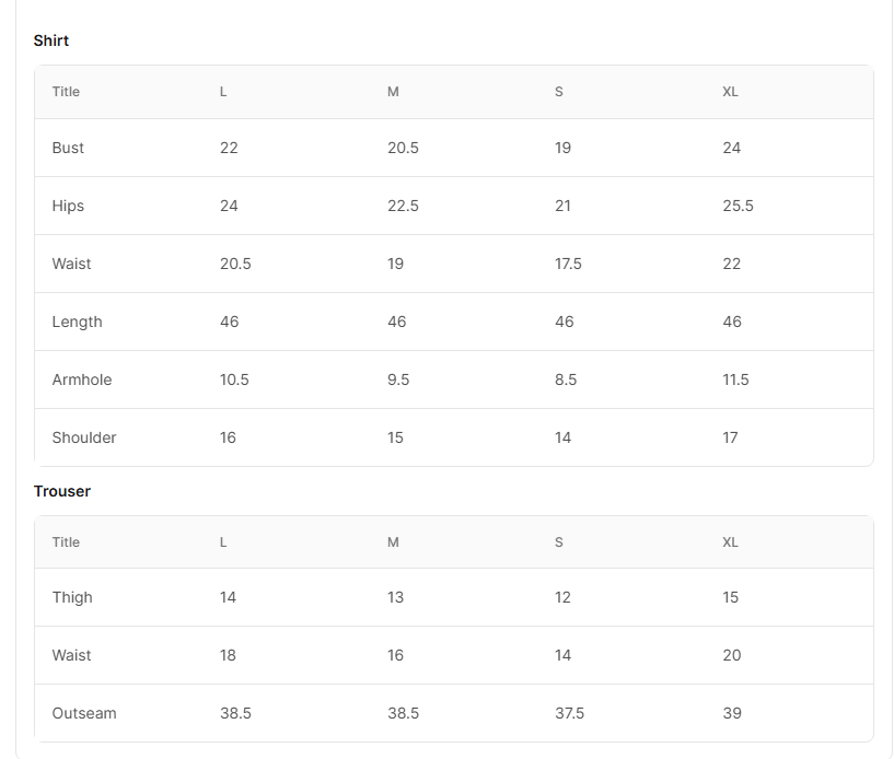 Size chart for Zelve