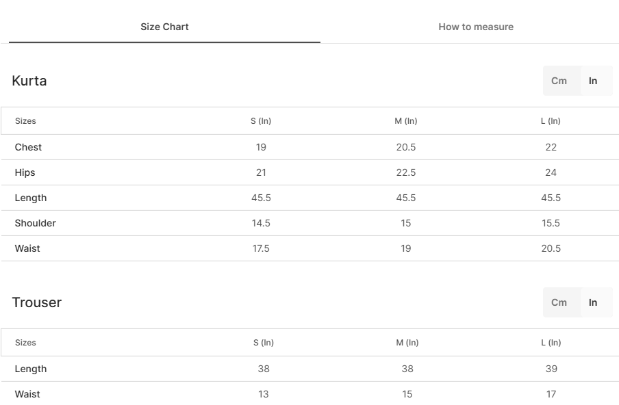 Size chart for Zerbaft
