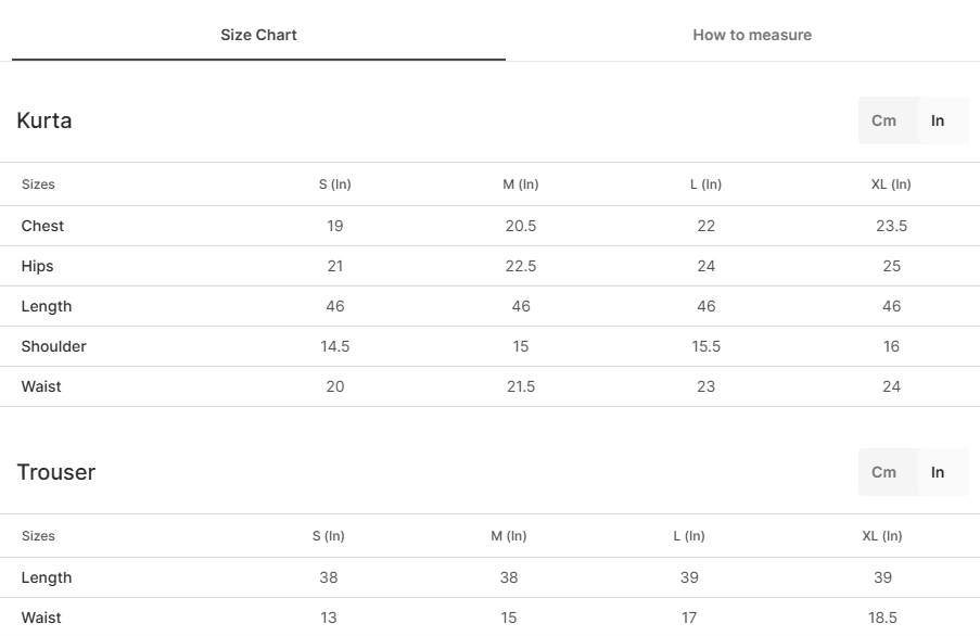 Size chart for Zerishk