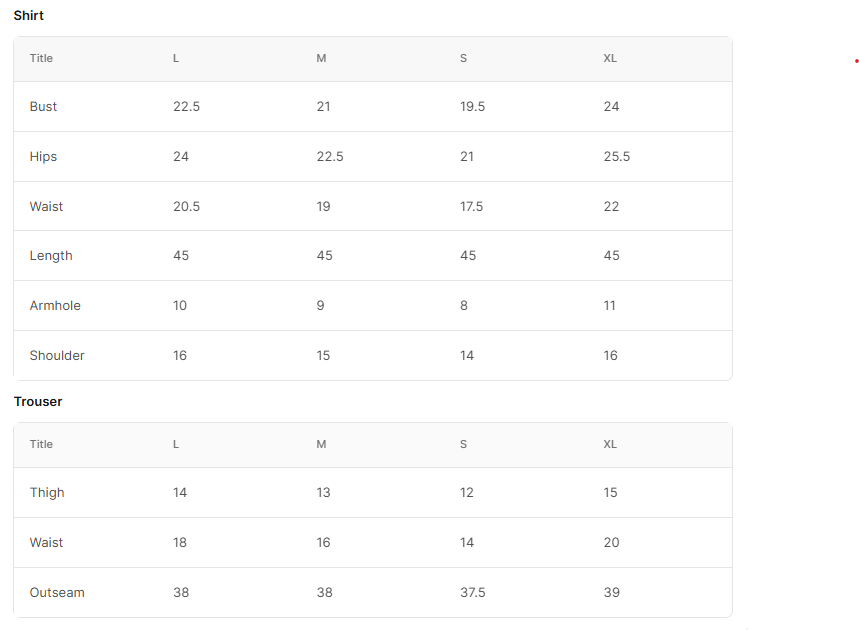 Size chart for Zialy