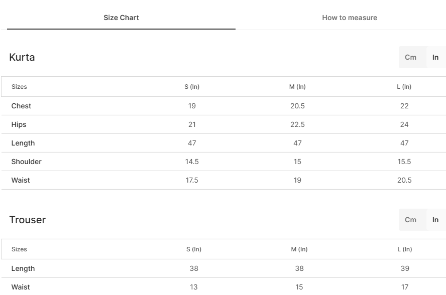 Size chart for Zigana - Black