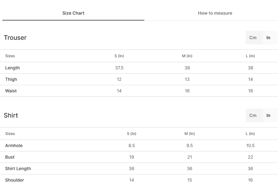 Size chart for Zivaa Grey