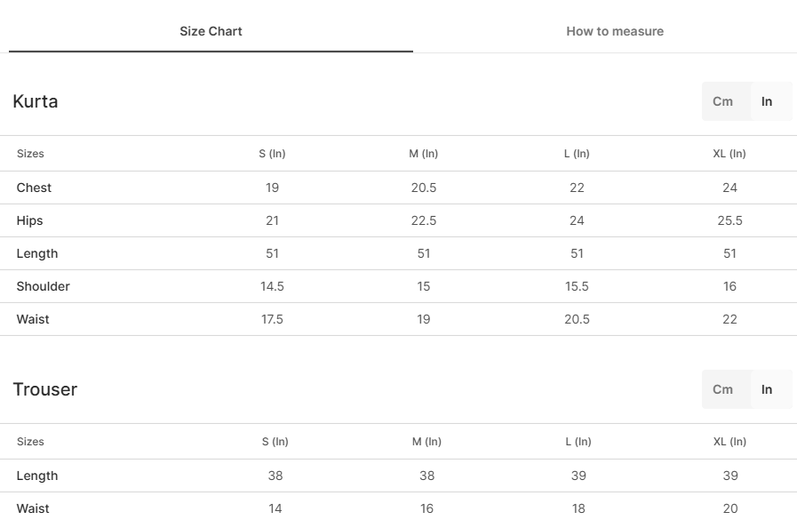 Size chart for Zoey