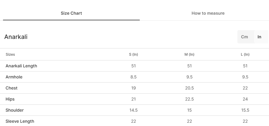 Size chart for Zohra