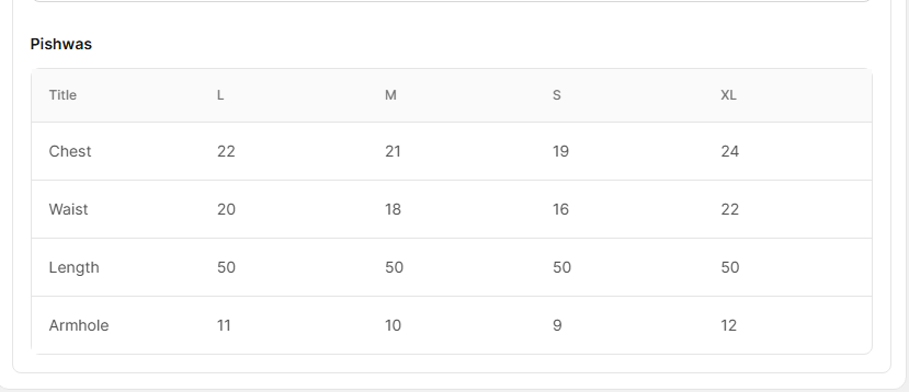 Size chart for Zohra Off white