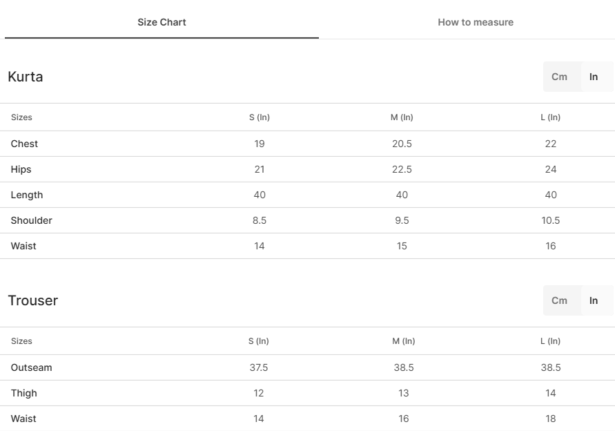 Size chart for Zubairya Red