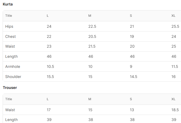 Size chart for Zulfashan