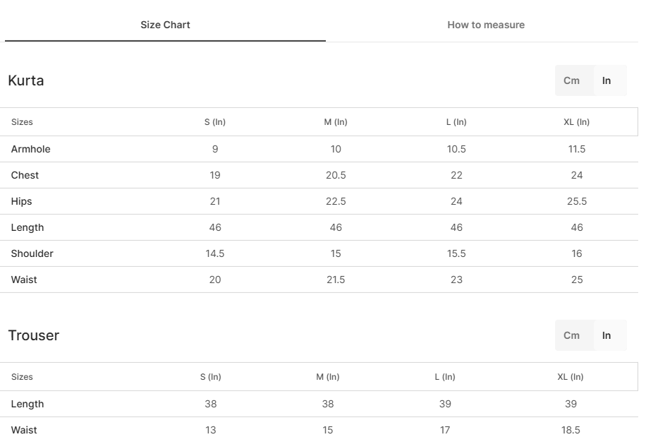 Size chart for Zulfashan