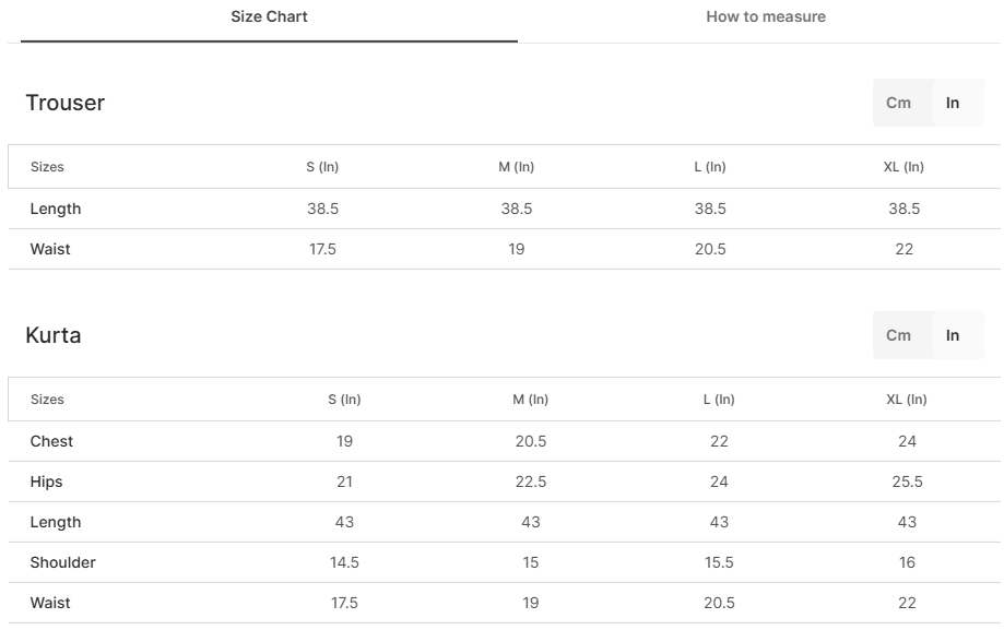 Size chart for Zurna - Black