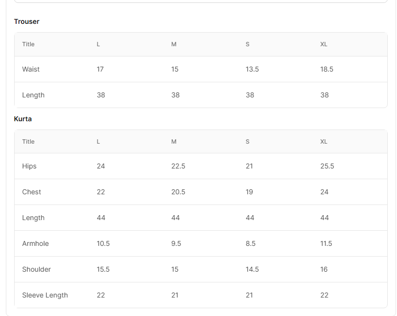 Size chart for Abiha White
