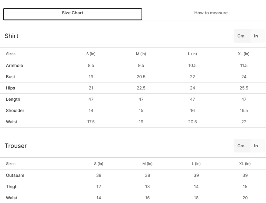 Size chart for Abiha White