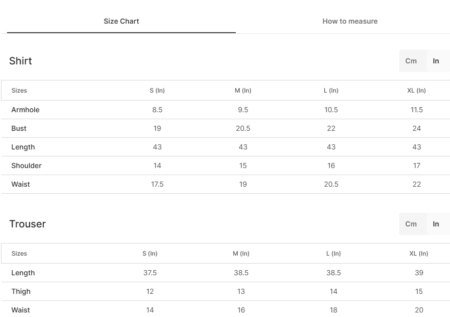 Size chart for Aneza