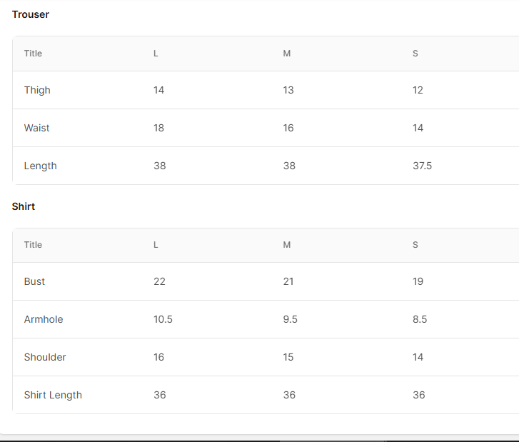 Size chart for Anmol