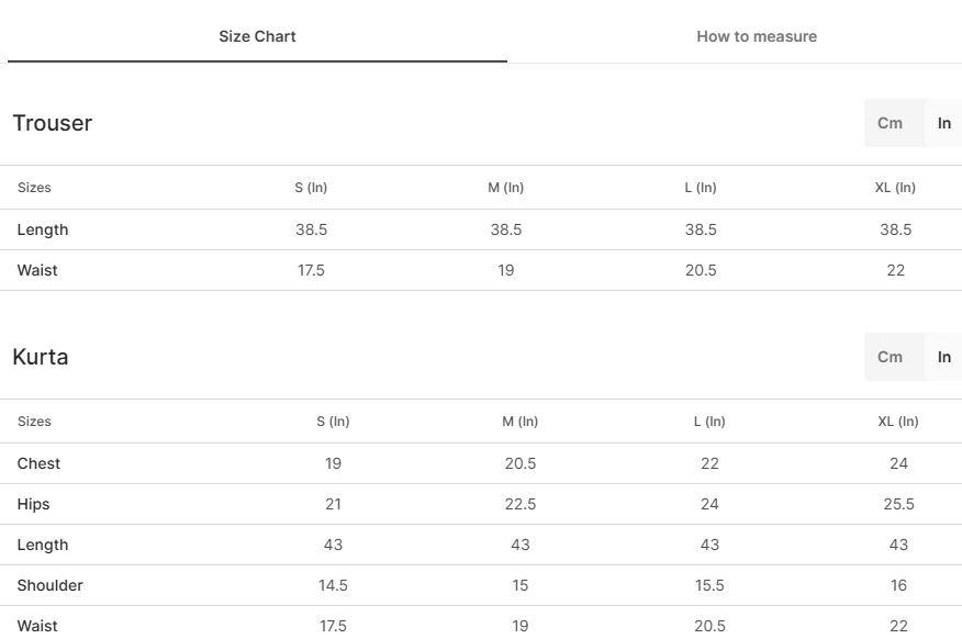 Size chart for Aram