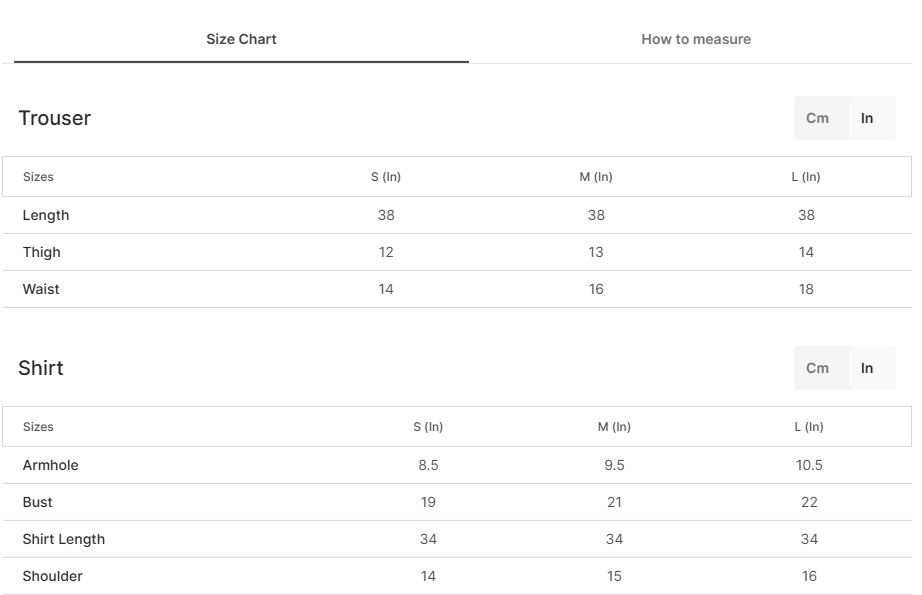 Size chart for Ayza Blue
