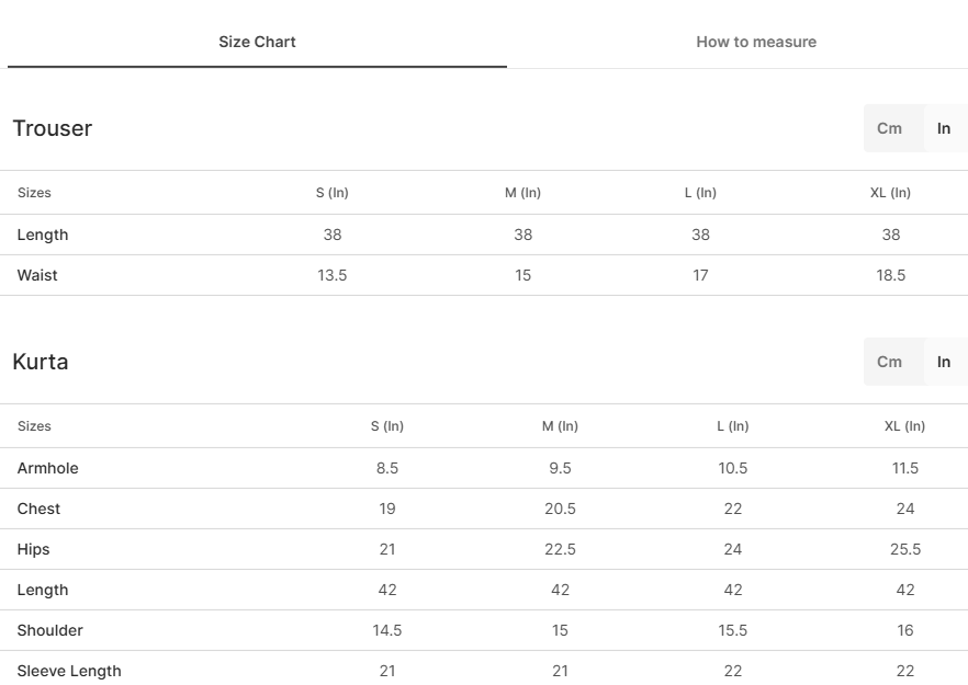 Size chart for Beam