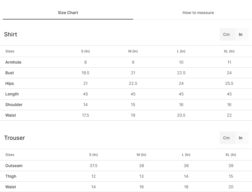 Size chart for Camira Lailac