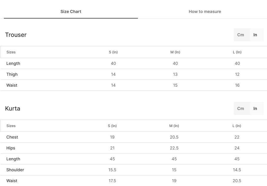 Size chart for Farat