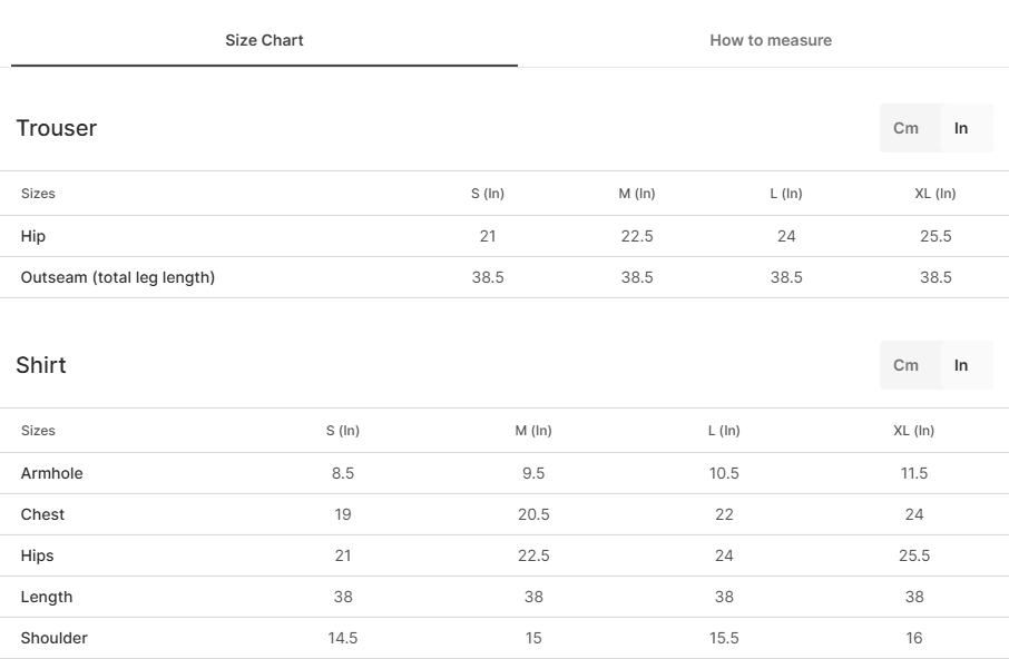 Size chart for Guddi