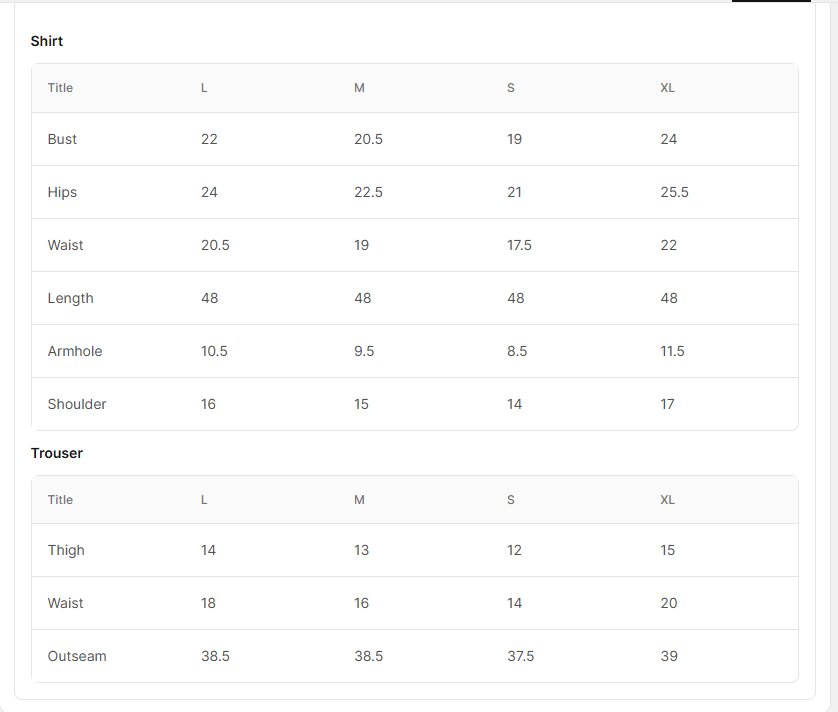 Size chart for Gulejahan - Black