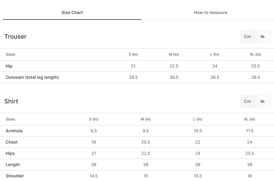Size chart for Jahan