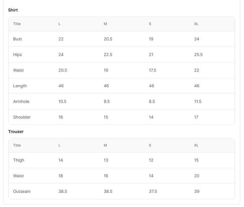 Size chart for Jasmine Blue