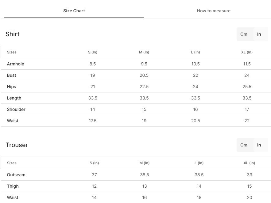 Size chart for Fatin