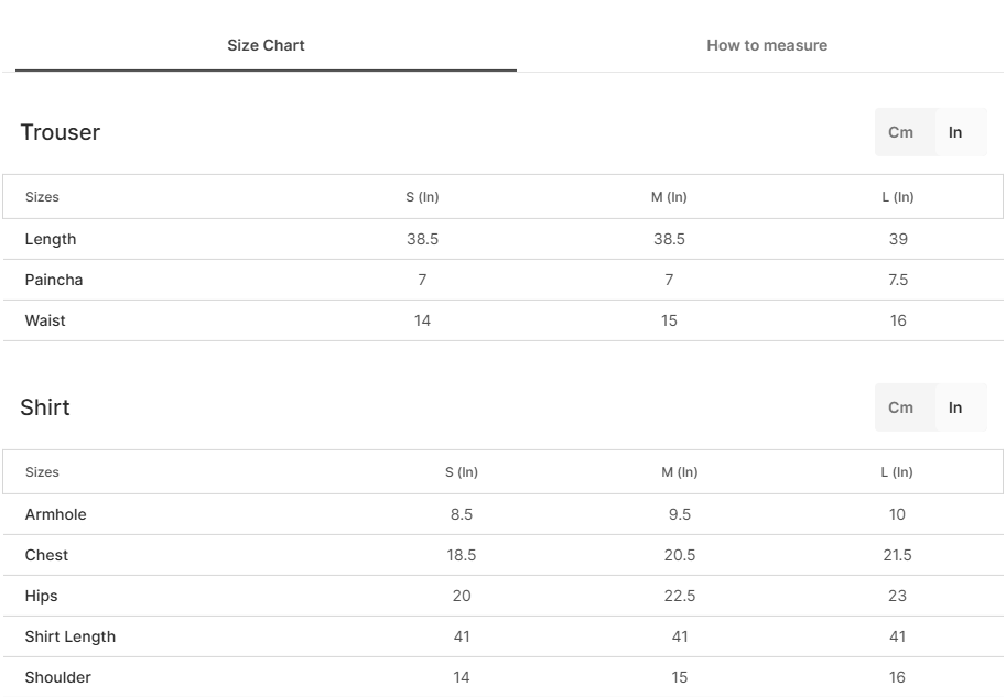 Size chart for Kafila
