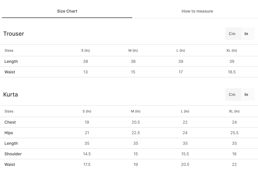 Size chart for Kashan