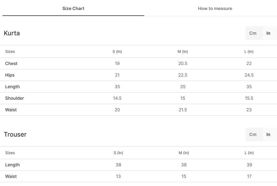 Size chart for Kashida Black