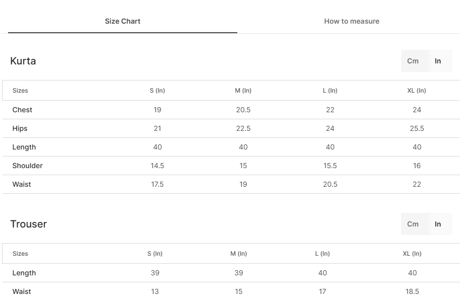 Size chart for Maheen