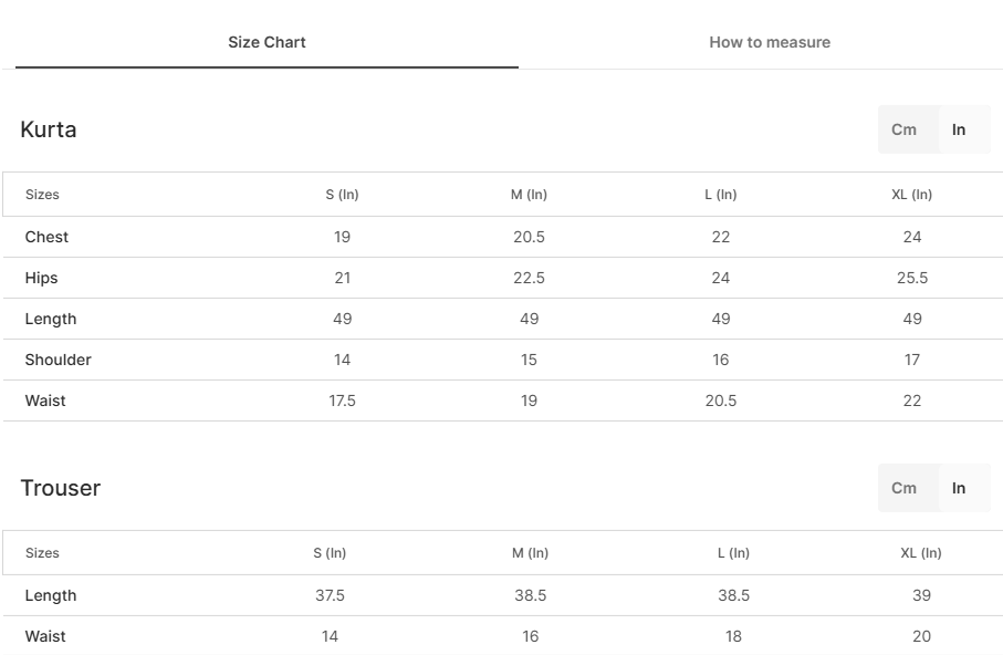 Size chart for Mahroz