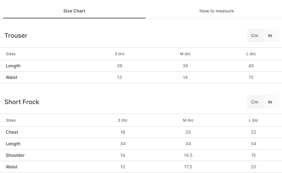 Size chart for Parsa
