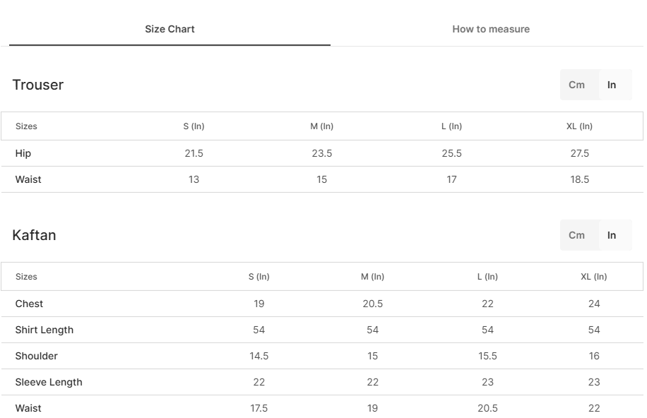 Size chart for Peace Green