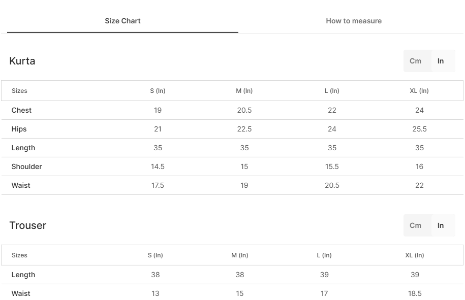 Size chart for Phool - Purple
