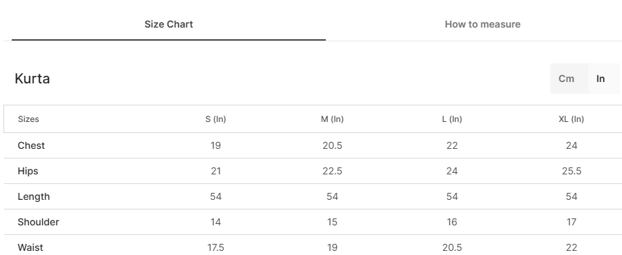 Size chart for Raani
