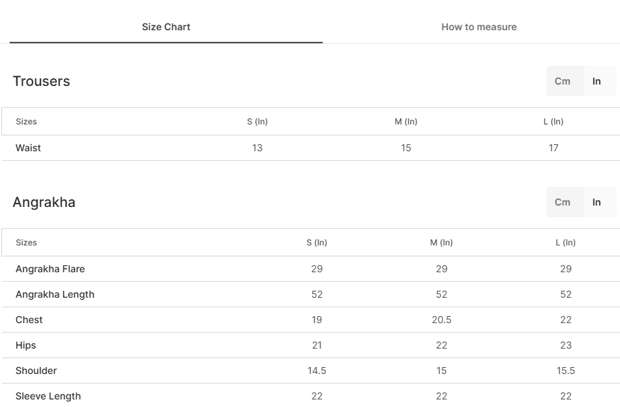 Size chart for Sabaat Maroon
