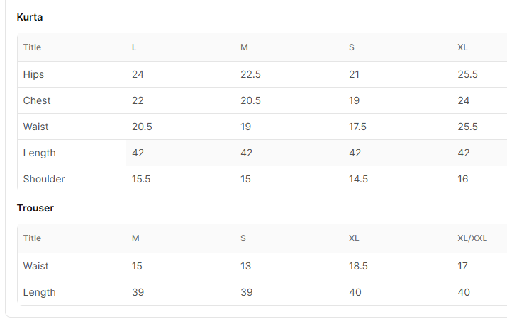 Size chart for Sabzposh