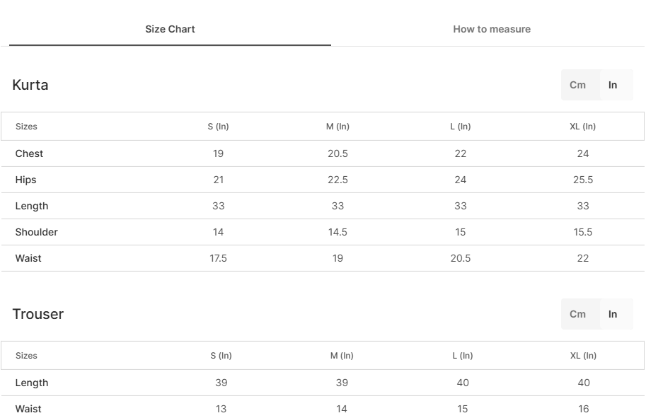 Size chart for Sage