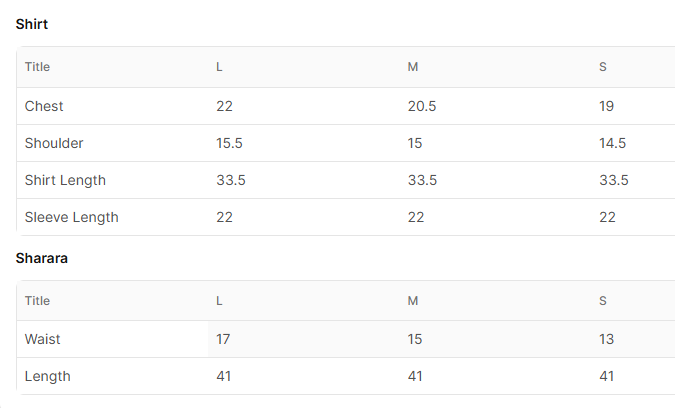 Size chart for Shehnila