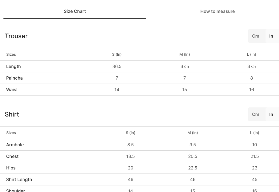 Size chart for Shehrzad Black
