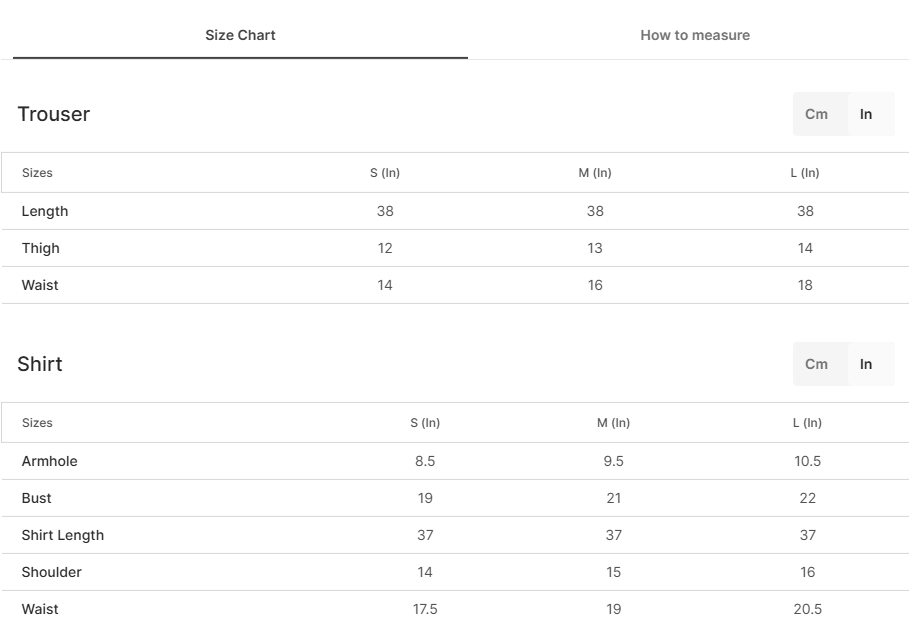 Size chart for Shining